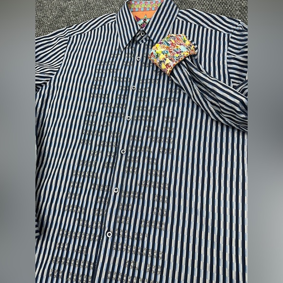 Robert Graham Blue Textured Long Sleeve Button Shirt Flip Cuff • Men’s Medium - Picture 3 of 9